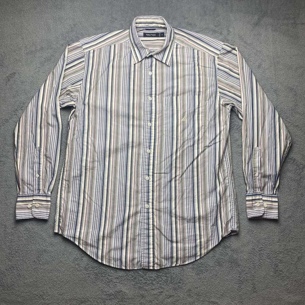 Nautica Shirt Mens Medium Striped Long Sleeve Button Down 100% Cotton Multicolor